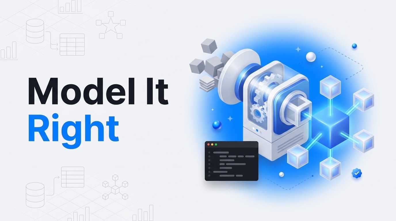 Bold text Model It Right beside an isometric machine turning tangled gray cubes into a glowing blue star schema.