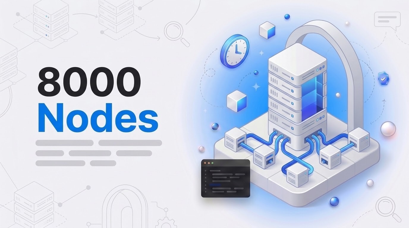 Bold text reading 8000 Nodes beside an isometric server tower with blue cables and floating node cubes.