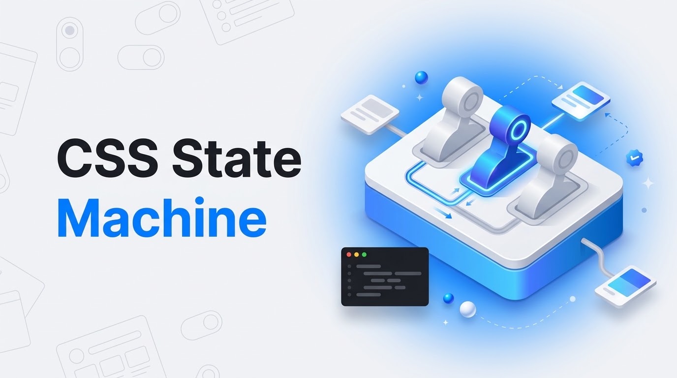 Thumbnail reading CSS State Machine beside an isometric switchboard with chunky levers and one glowing blue track.