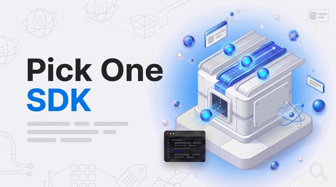 Bold text Pick One SDK beside an isometric routing machine sending glowing orbs down three lanes toward one open slot.