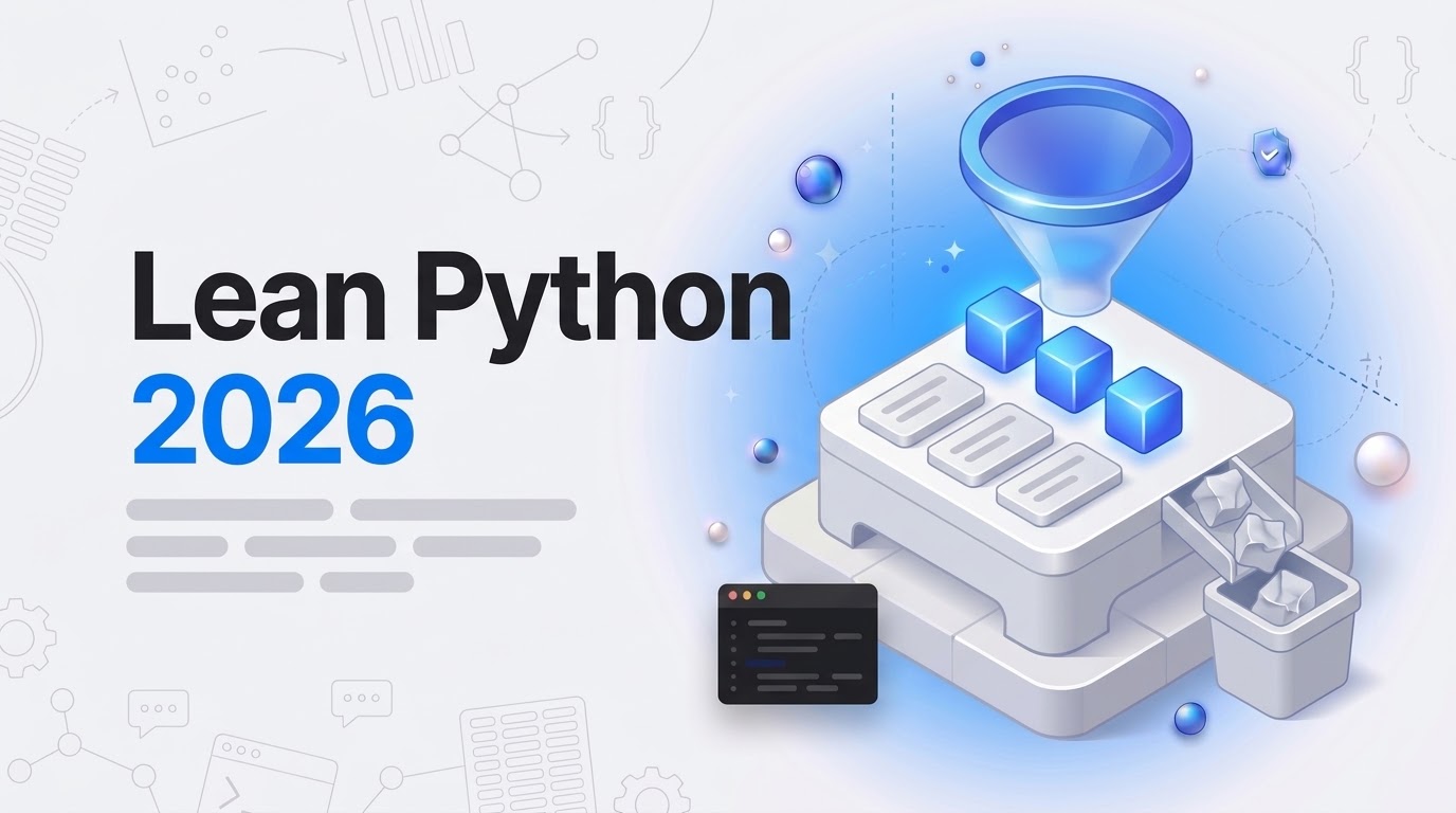 Bold text reads Lean Python 2026 beside an isometric white platform where three data cubes drop into place.