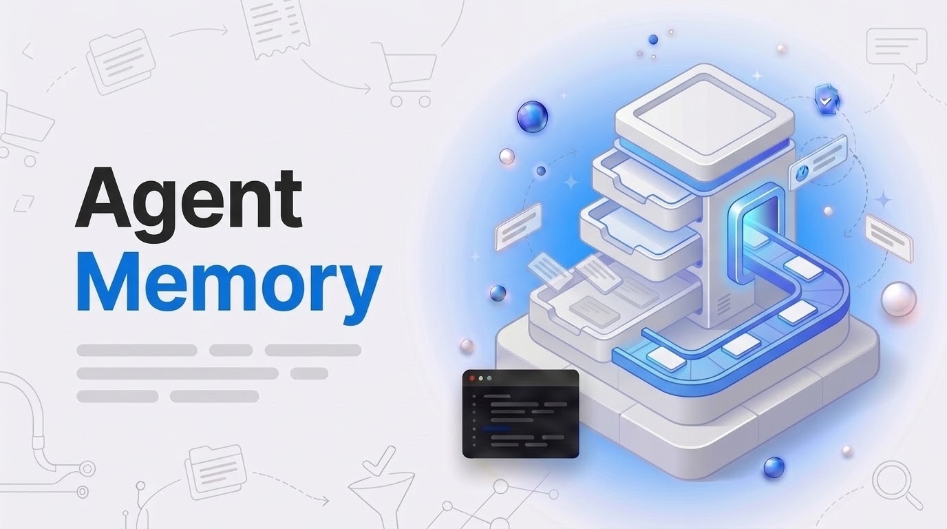 Bold text Agent Memory beside an isometric four-tray memory cabinet with a card conveyor loop and faded copies.