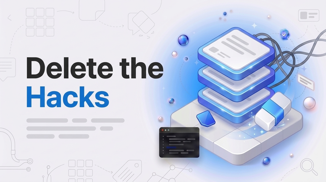 Hook words Delete the Hacks beside an isometric stack of clean layout panels with tangled wires and an eraser block.