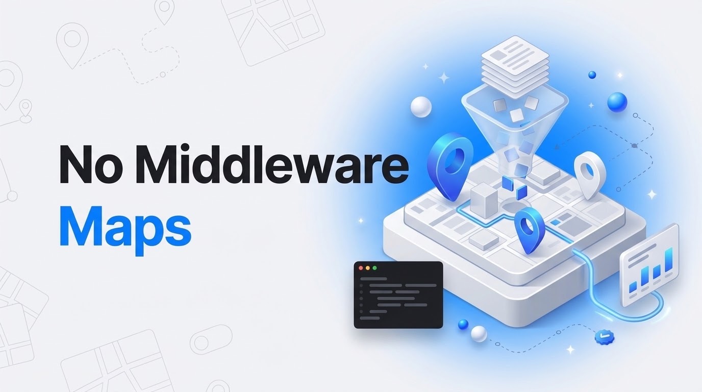 Bold text reading No Middleware Maps next to an isometric map tile slab fed by a funnel of data tiles.