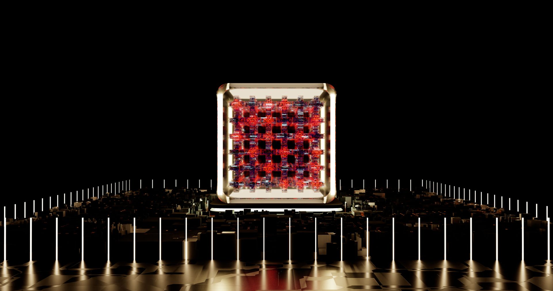 Glowing qubit array inside a dark quantum computer core that a quantum SDK programs