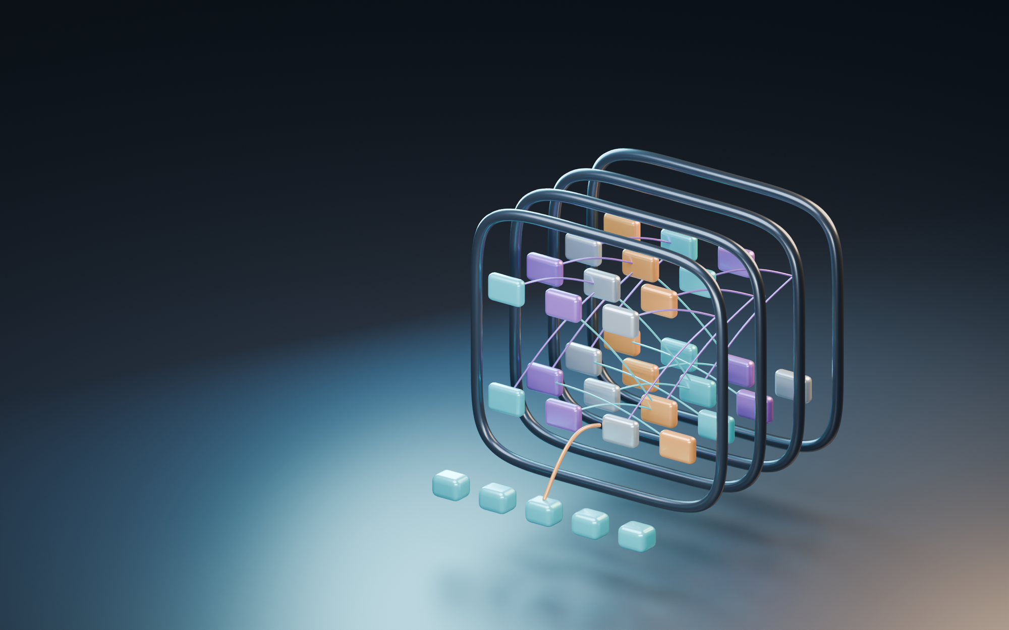 Layered 3D modules linked by dependency lines, illustrating JavaScript module system architecture