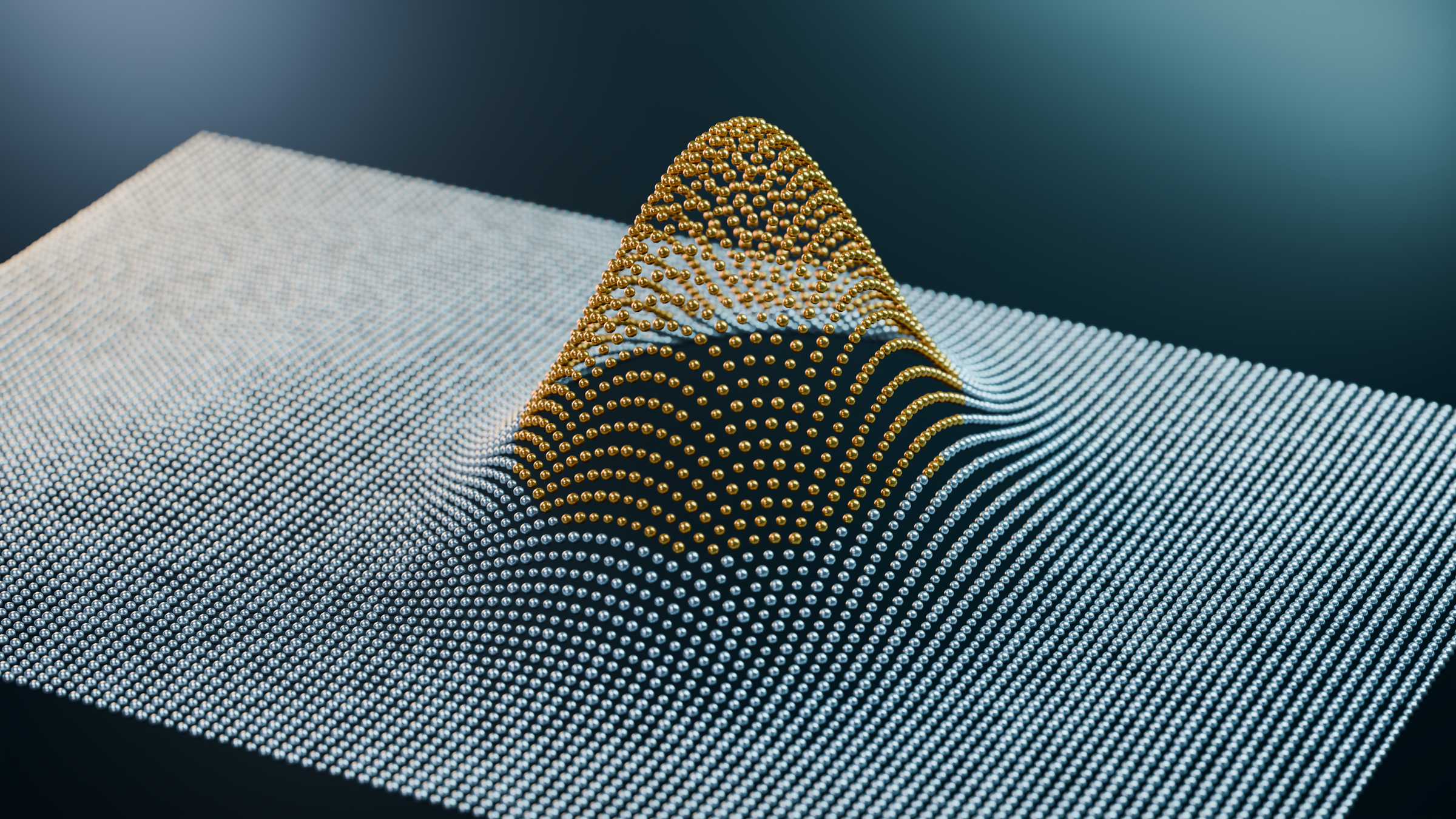 Grid of identical spheres with one golden peak, a p-value spike above statistical noise