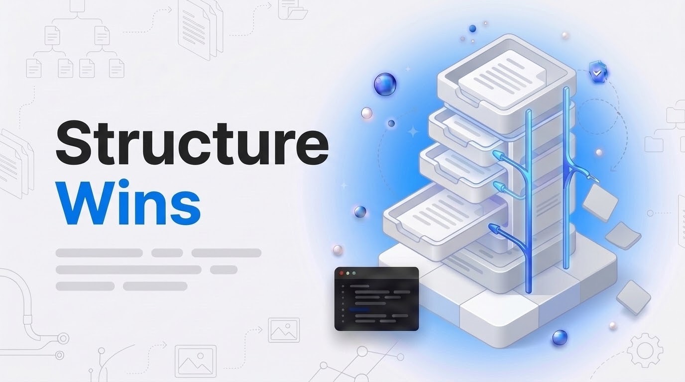 The words Structure Wins beside an isometric tower of document trays linked by pointer tags with drifting fragments.