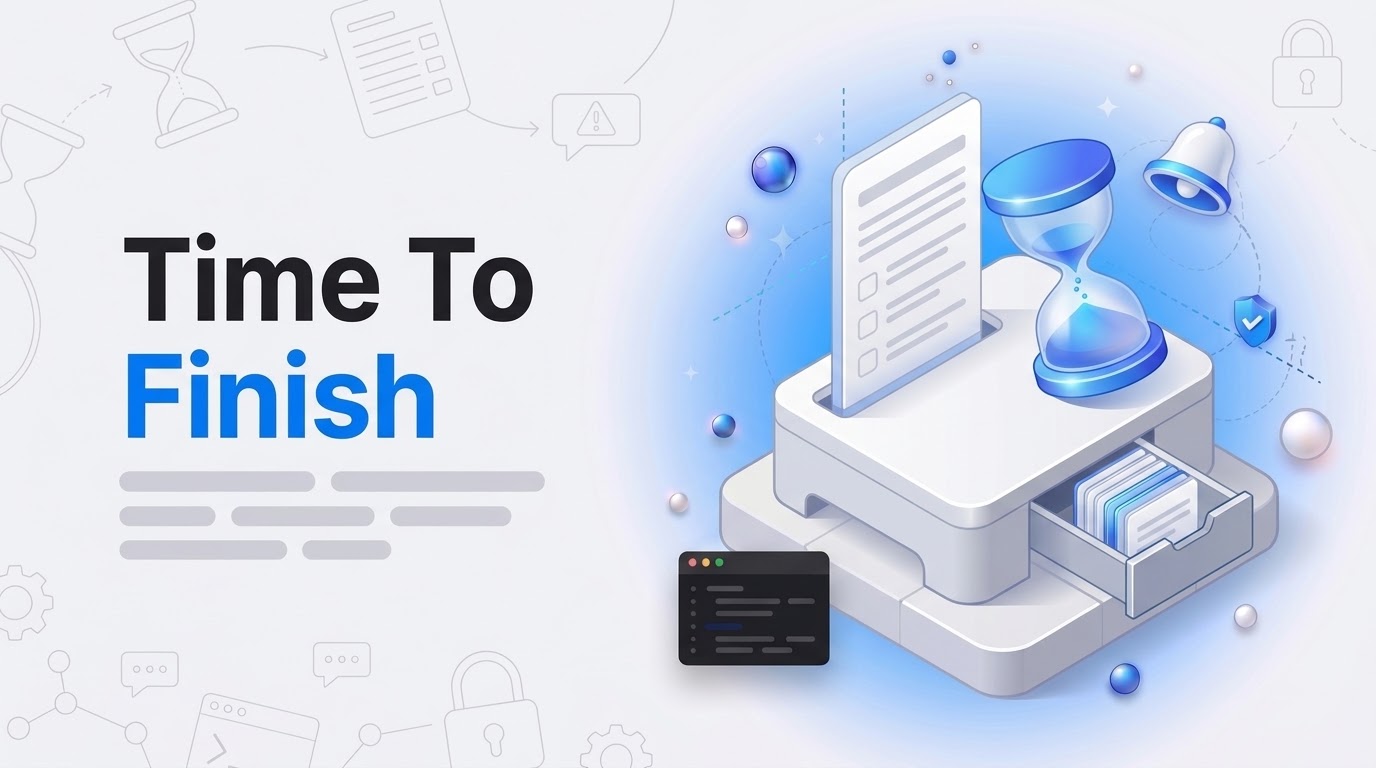 Thumbnail with bold text Time To Finish beside an isometric desk, form sheet and tipping blue hourglass.