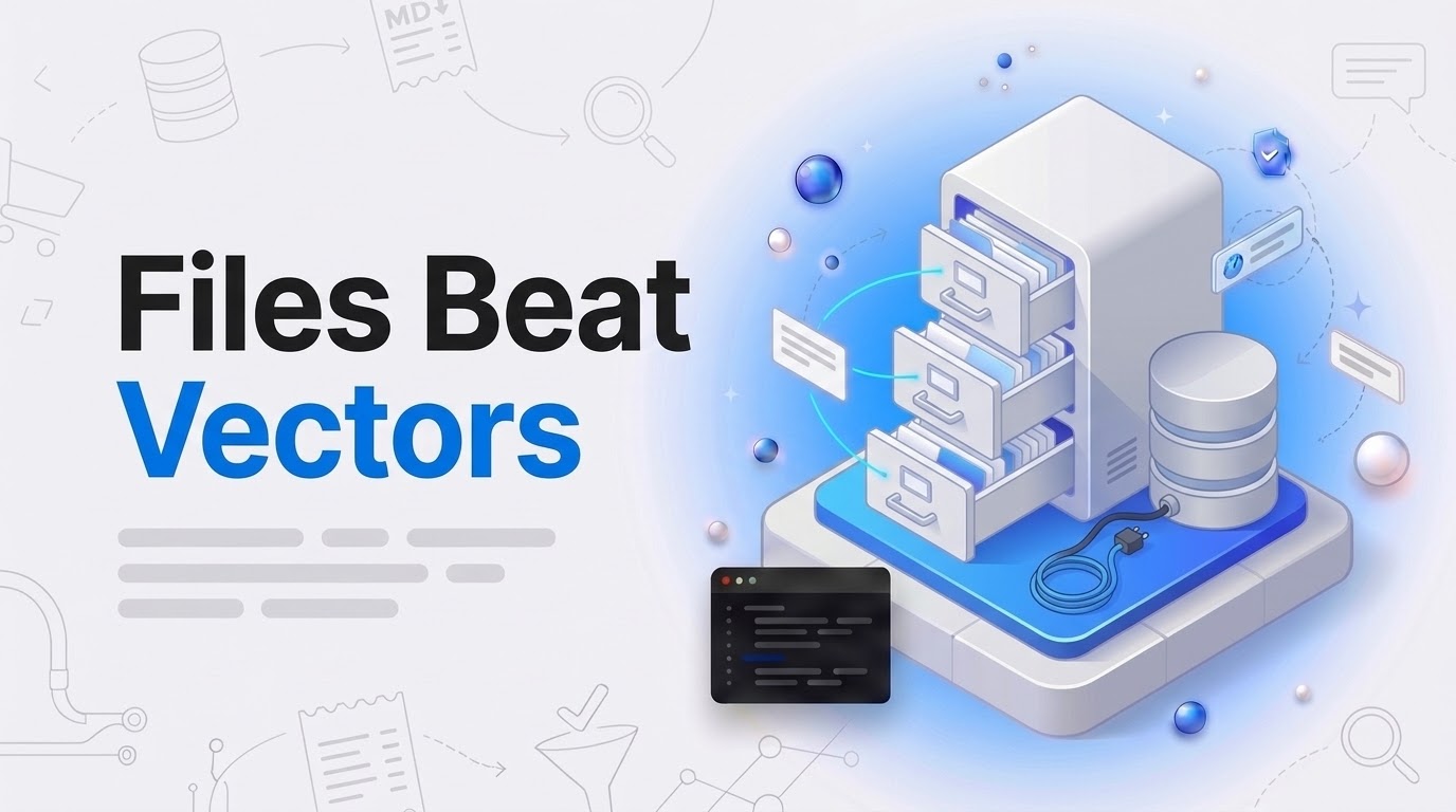 Bold text Files Beat Vectors beside an isometric file cabinet of index cards and an unplugged database cylinder