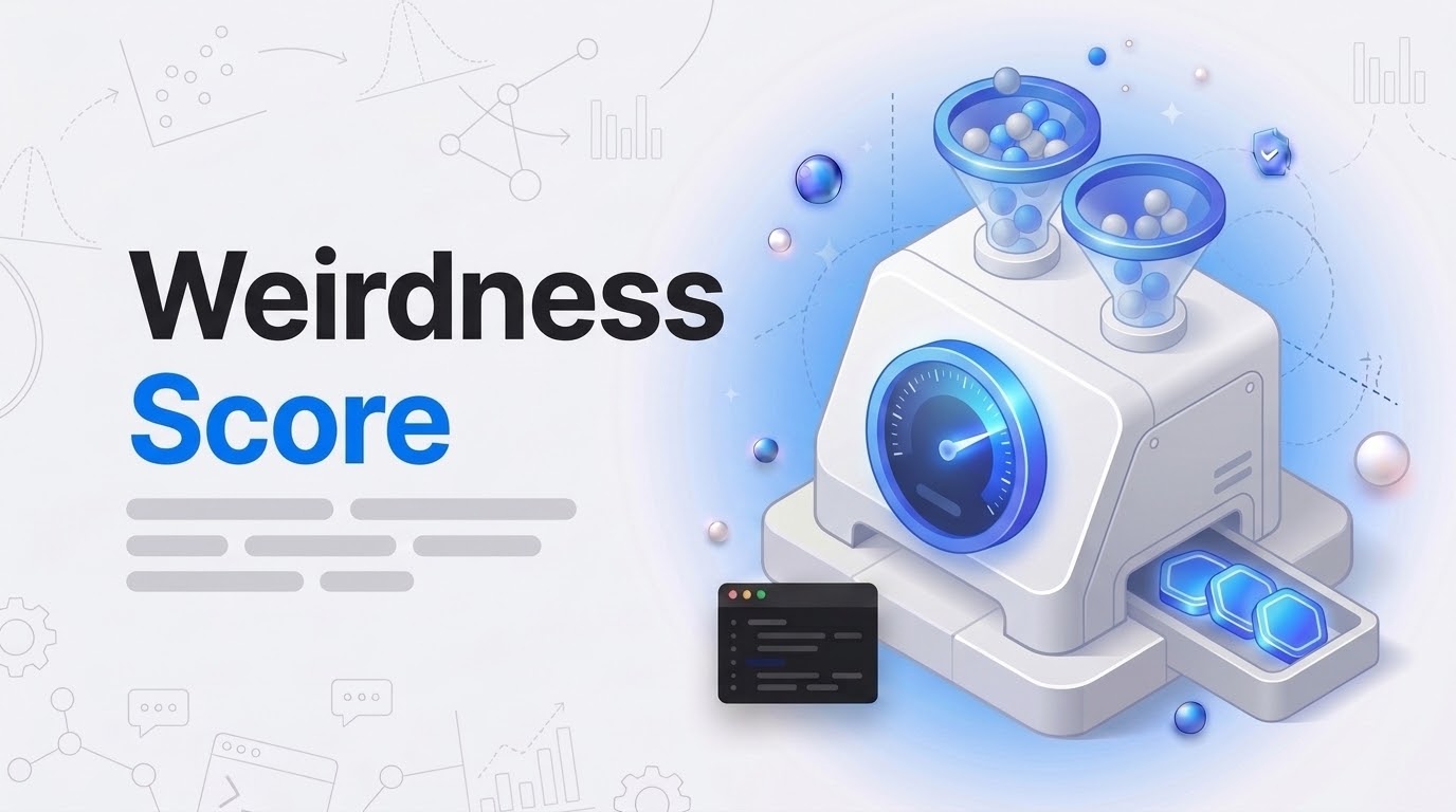 Weirdness Score: an isometric gauge machine fed by two funnels of spheres, its needle pointing to a blue zone.