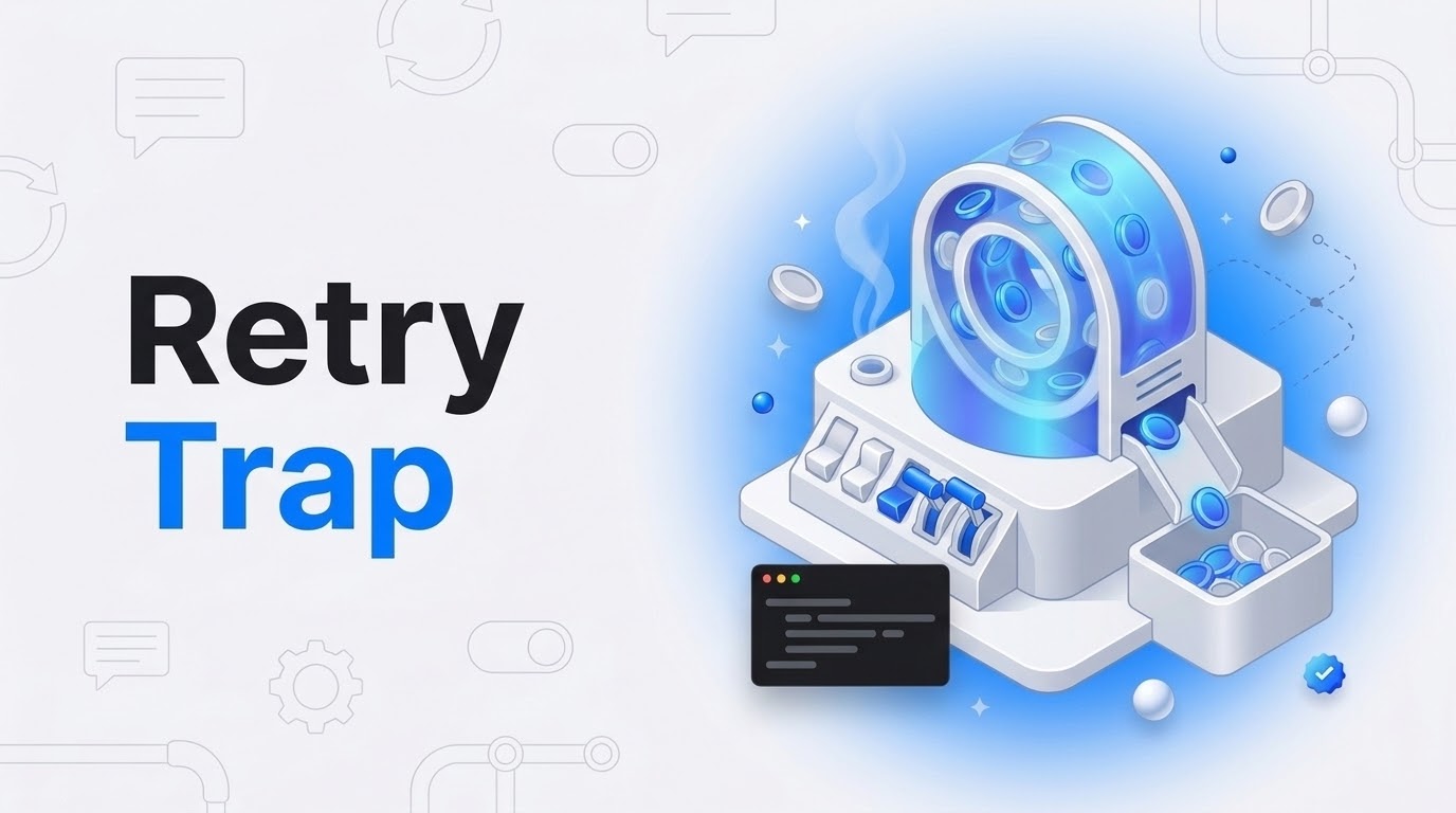 Bold text Retry Trap next to an isometric machine looping coins through a blue core with breaker switches.
