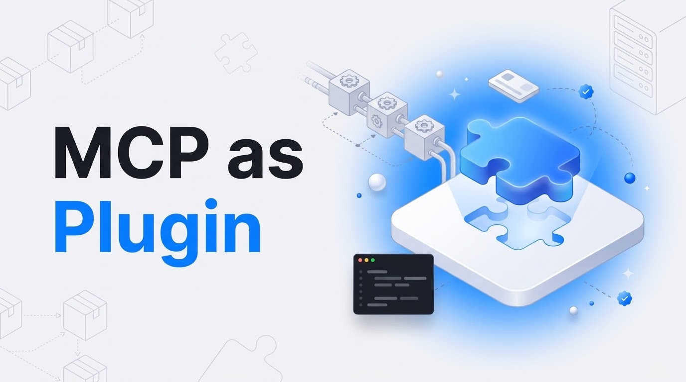 Bold text MCP as Plugin beside an isometric puzzle piece detaching from a chain of gray gear boxes with a blue gradient.
