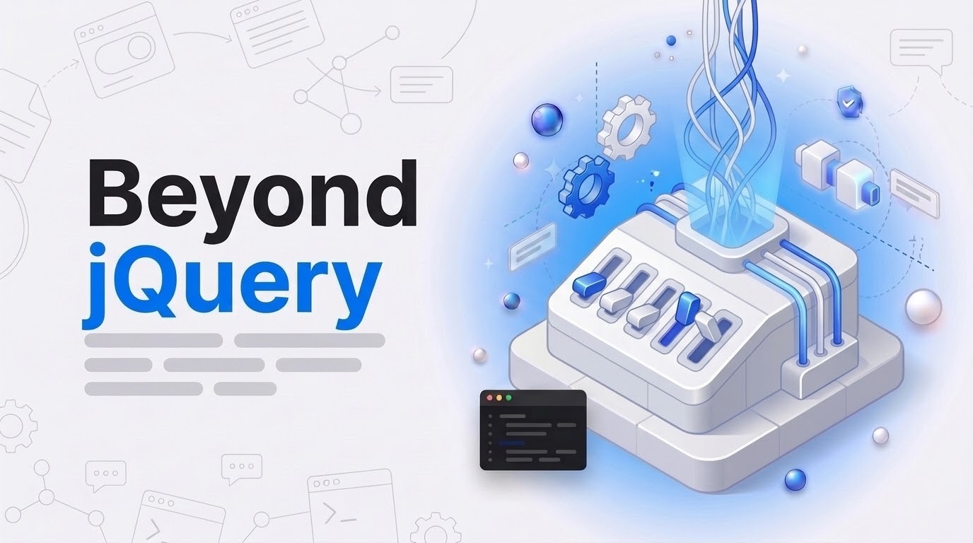Bold hook text Beyond jQuery beside an isometric control console with toggle levers, blue beam and floating gears.