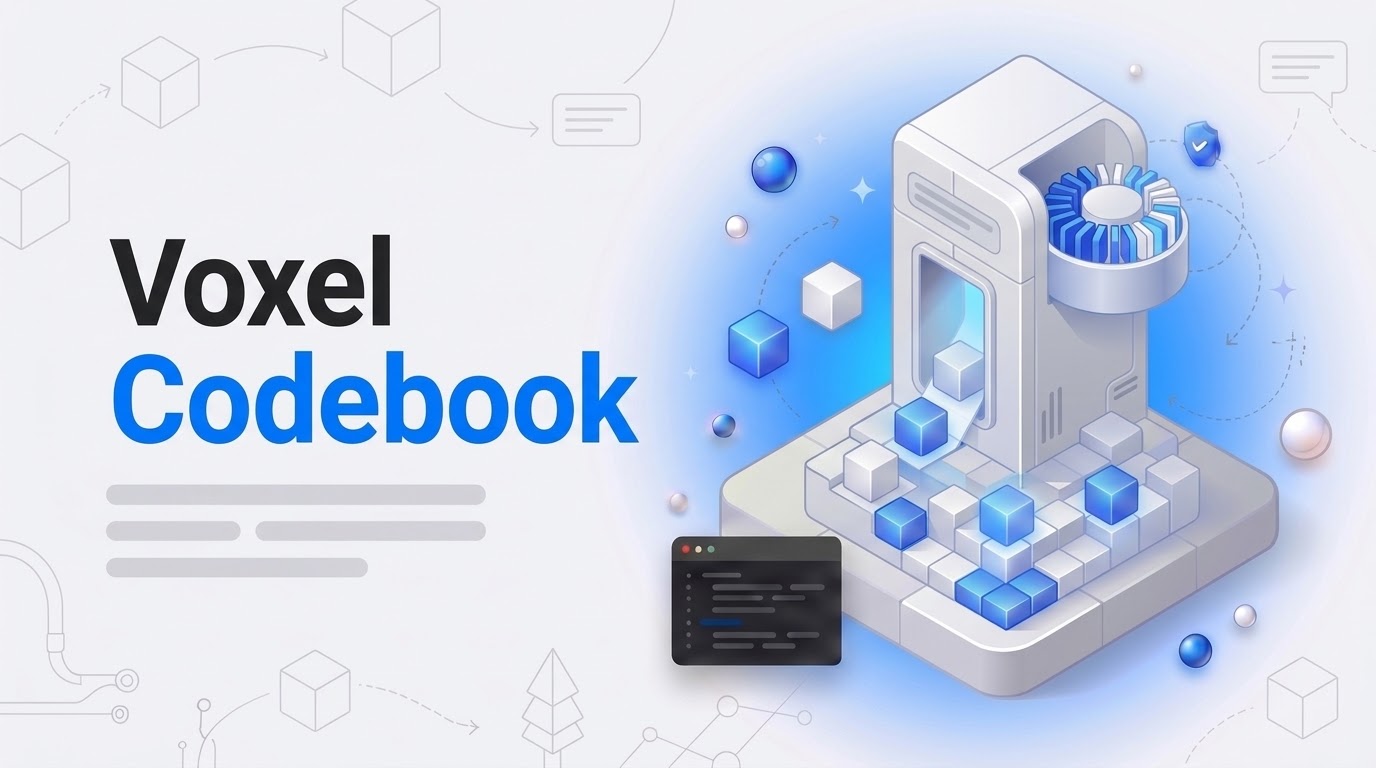 Thumbnail reading Voxel Codebook beside an isometric machine dispensing cubes onto a small blocky landscape.