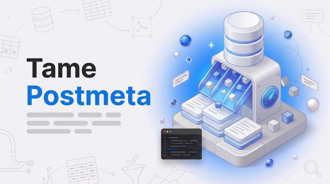 Tame Postmeta: an isometric machine filters a bloated database cylinder into three neat custom table slabs.
