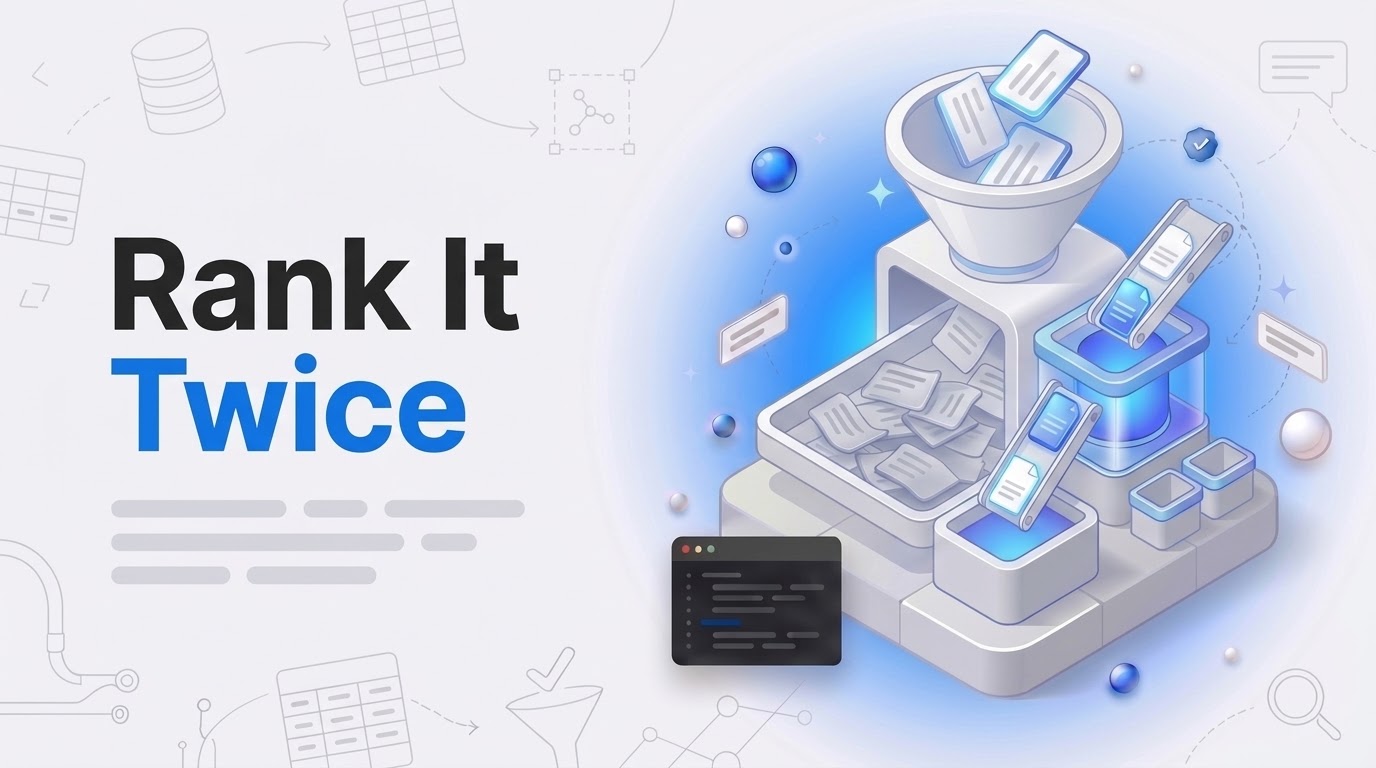 Bold 'Rank It Twice' text beside an isometric machine funneling many paper sheets through a small precision sorter.
