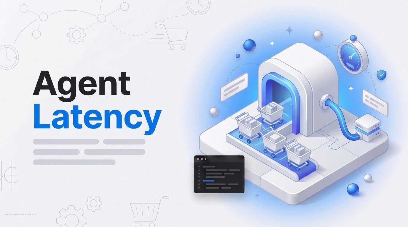 The words Agent Latency beside an isometric checkout vault with shopping carts queueing and a clock linked by wires.