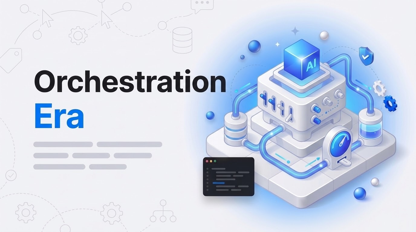 Isometric switchboard routing blue streams into a database and coin meter beside the words Orchestration Era.