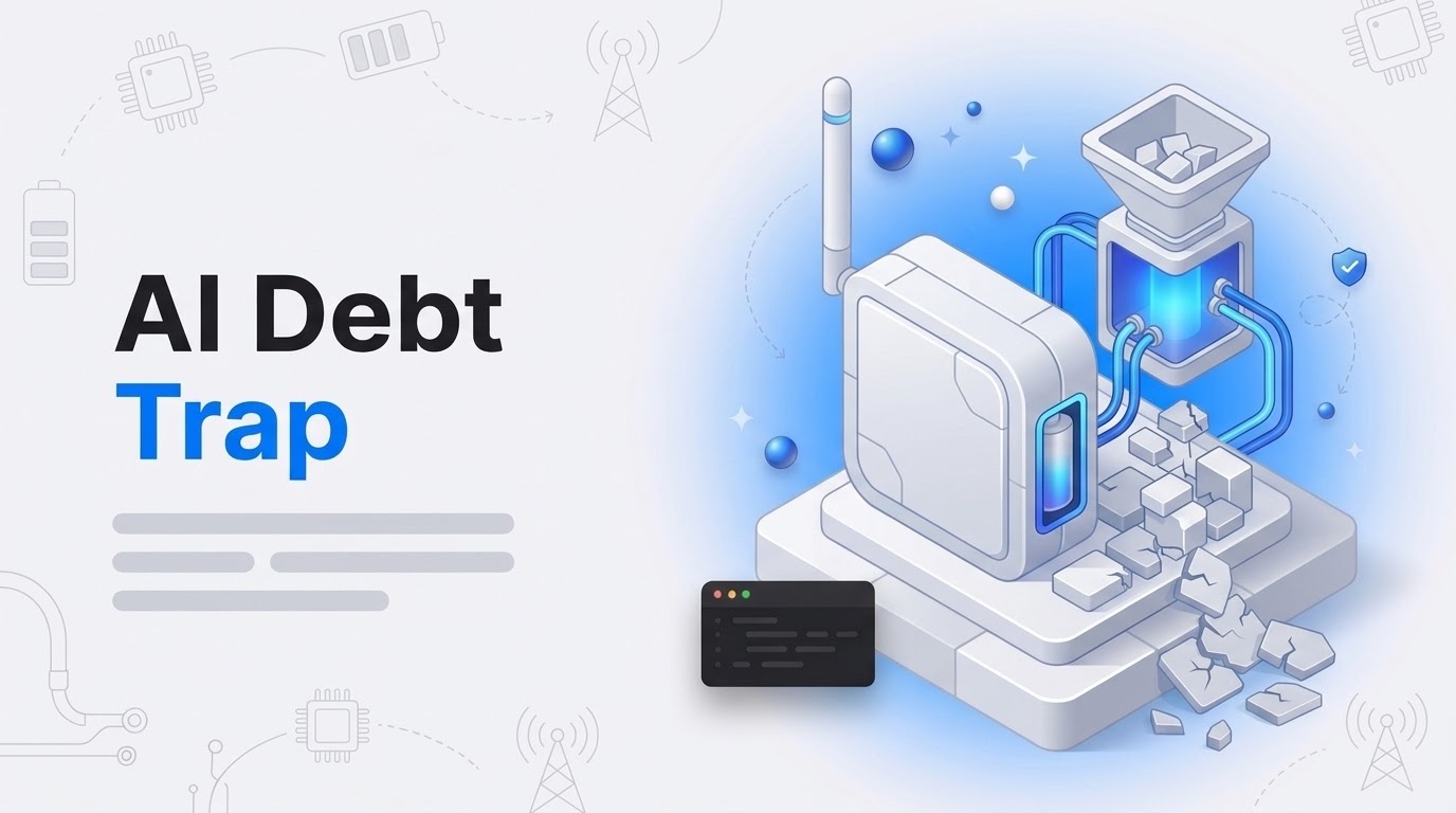 Bold text reading AI Debt Trap next to an isometric sensor device piled with small blocks on a blue gradient.