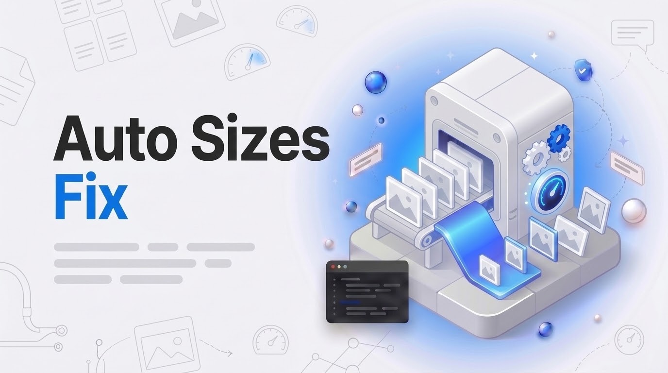 Bold words Auto Sizes Fix next to an isometric resizing machine turning picture tiles into neatly sized frames.