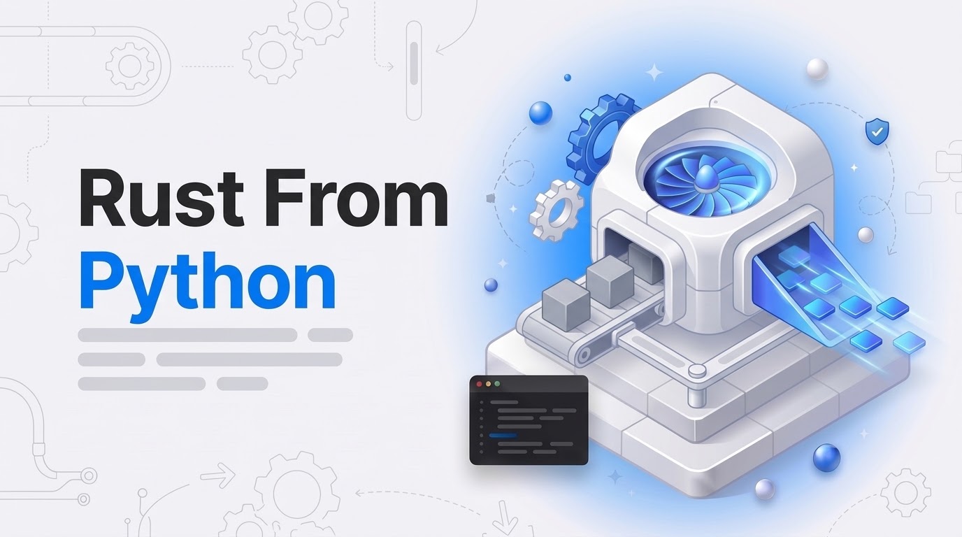 Thumbnail with big text reading Rust From Python beside an isometric engine fed by gray cubes on a conveyor.