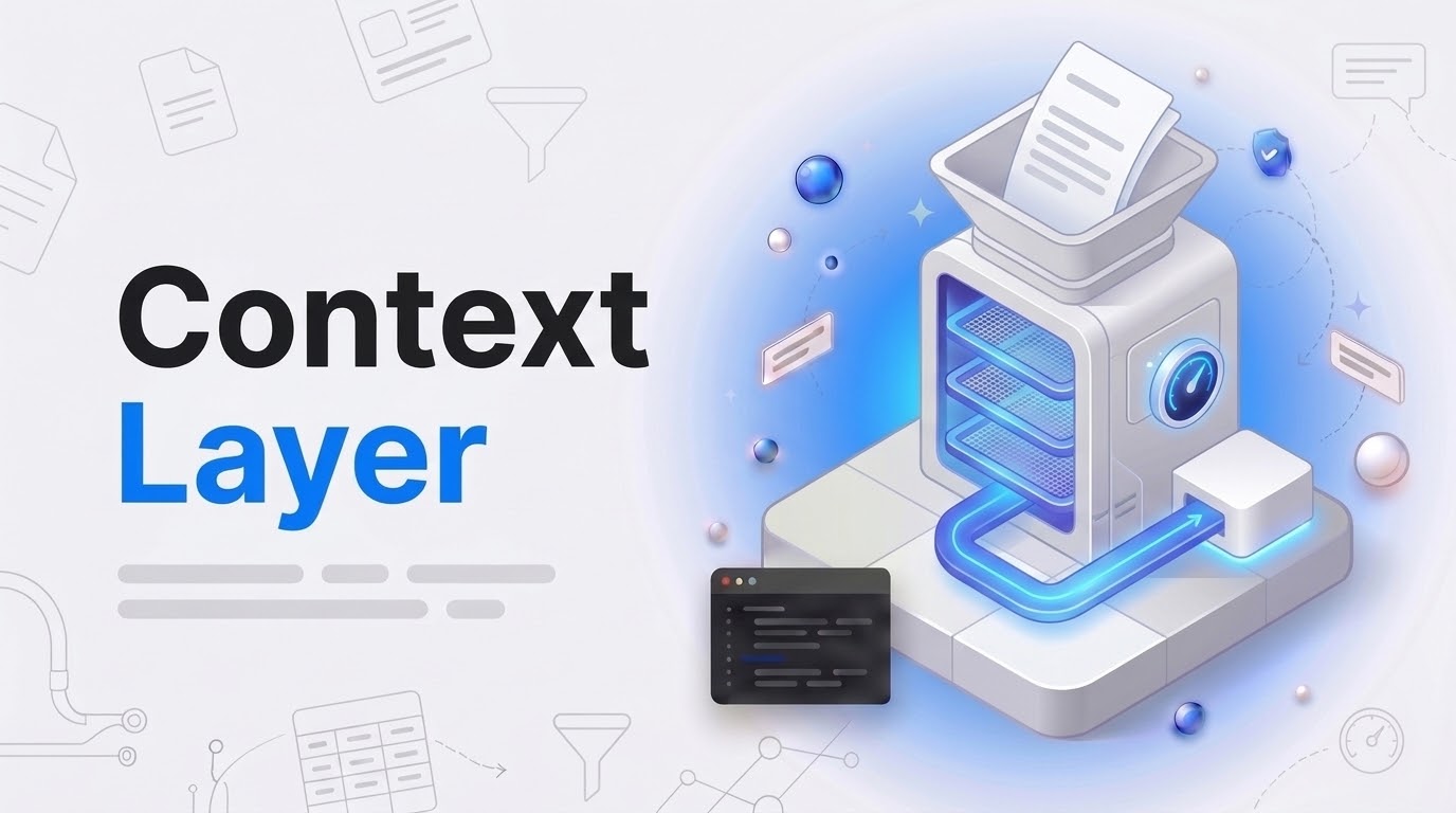 Thumbnail with bold text Context Layer beside an isometric machine that filters paper sheets into one glowing block.