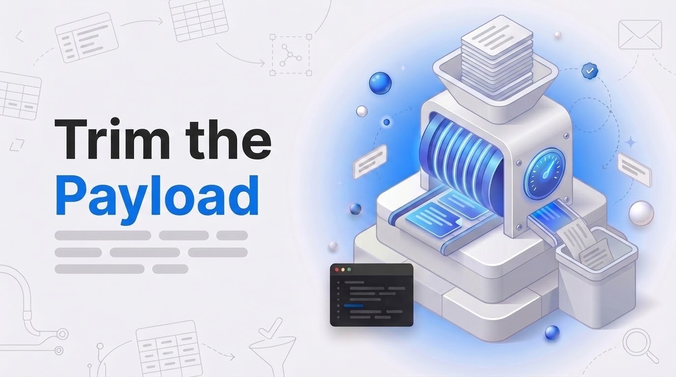 Blog thumbnail reading Trim the Payload: an isometric sieve machine filtering a stack of table row slabs.