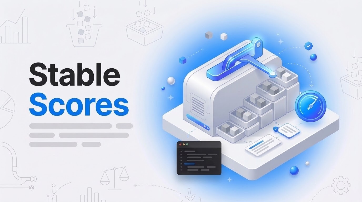 Stable Scores in bold letters beside an isometric scoring machine with two rows of bins and a blue gauge arm.