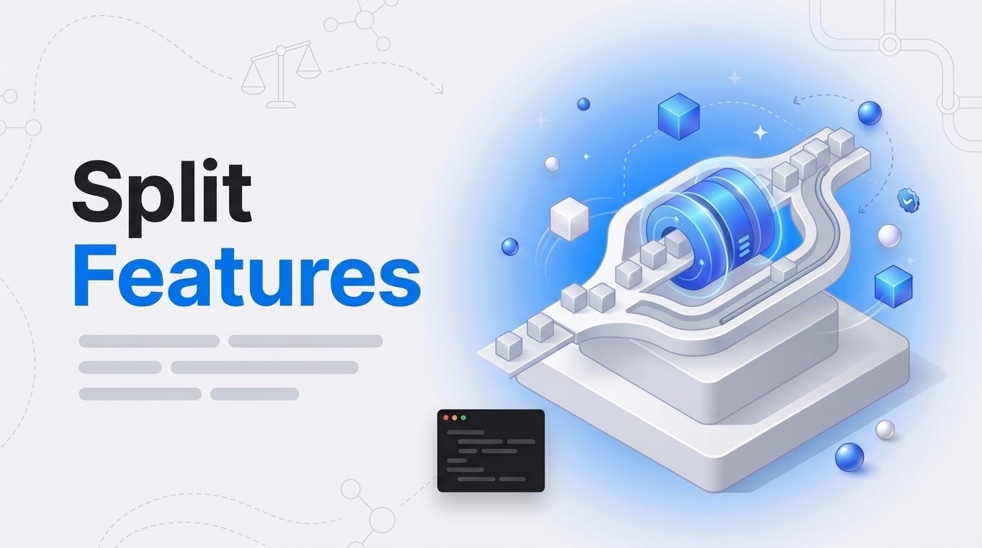 Thumbnail with the words Split Features beside an isometric machine splitting a stream of cubes into two paths.