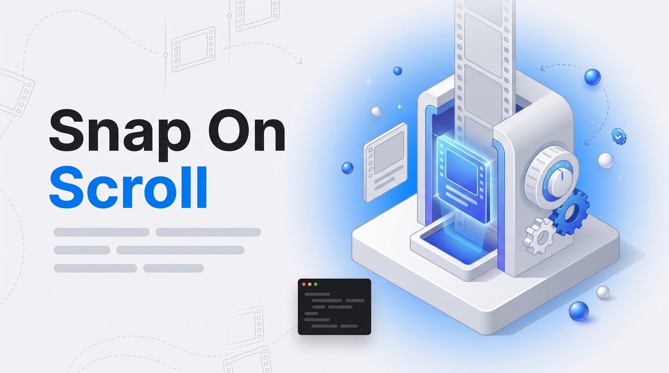Thumbnail with the words Snap On Scroll next to an isometric film-strip machine whose panels snap into a blue slot.