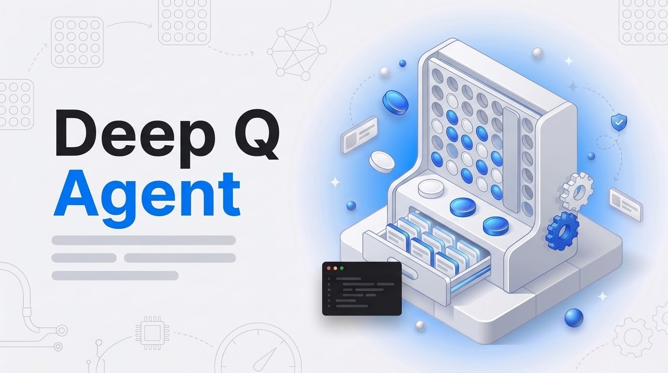 Deep Q Agent: an isometric Connect Four cabinet with sealed column, replay card drawer, and floating discs.