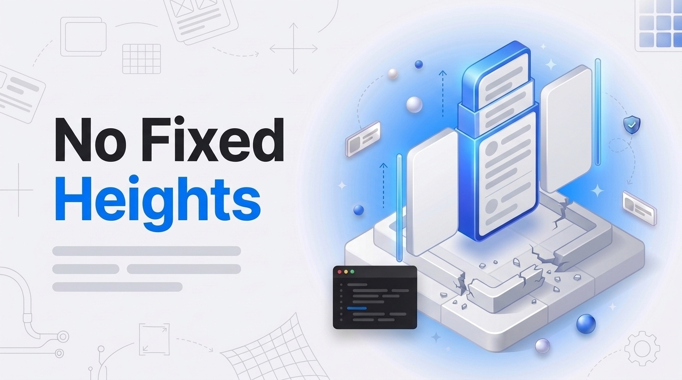 No Fixed Heights: isometric card panels where one stretches to fit its content while a rigid frame cracks away.