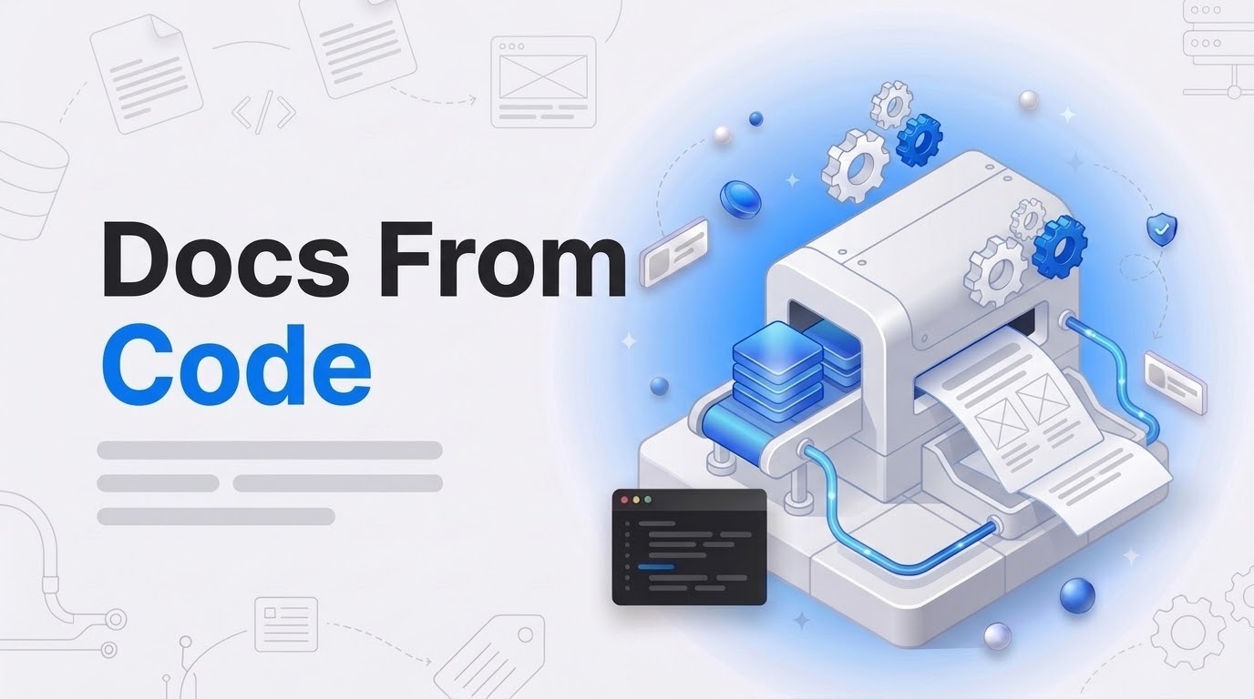 Docs From Code hook beside an isometric press machine turning blue block tiles into printed handbook pages.