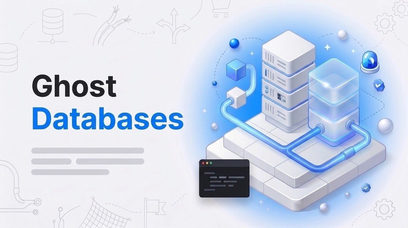 Isometric database block forking into a ghost copy, with floating cubes, beside the words Ghost Databases.