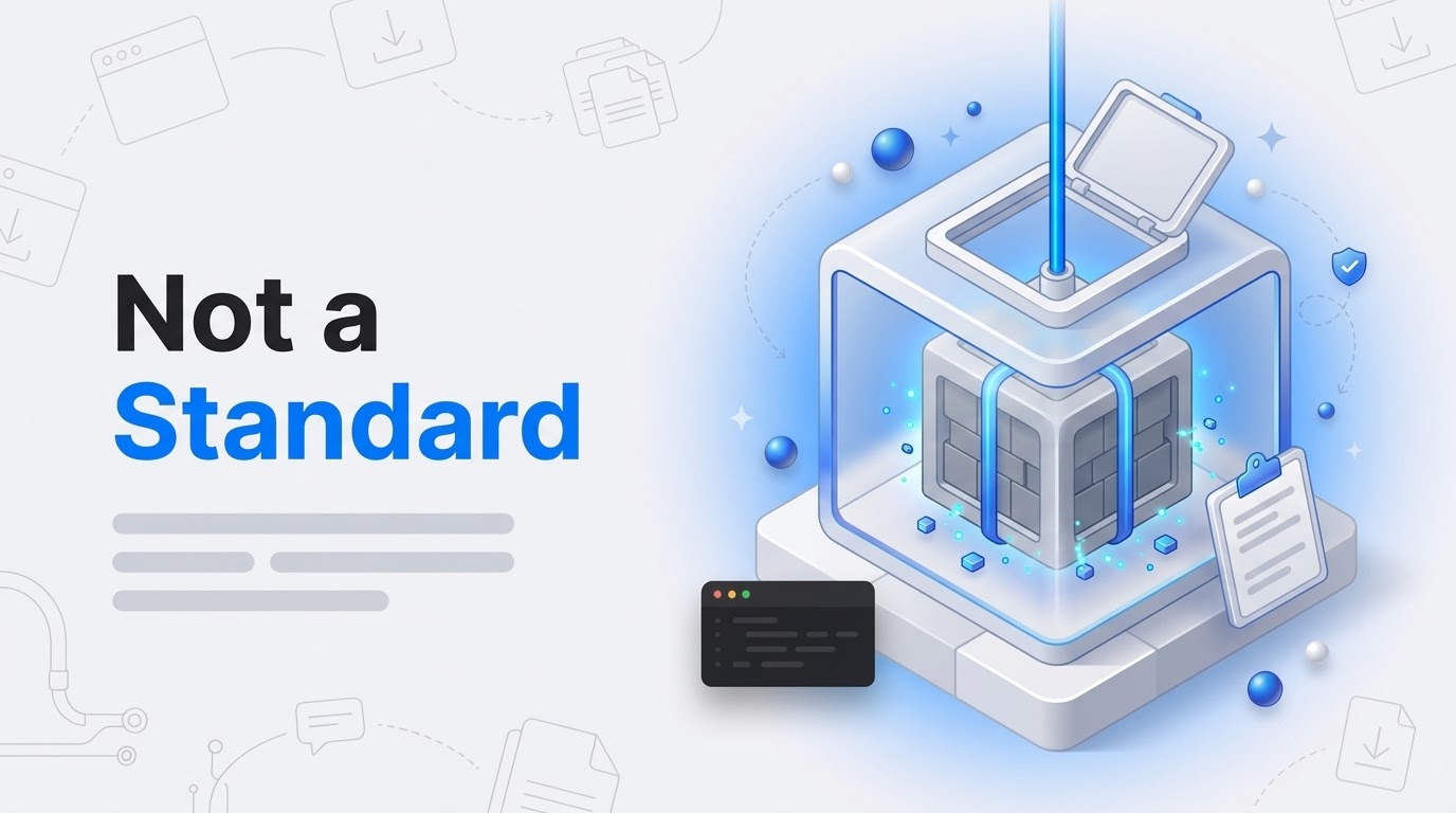 Bold words Not a Standard beside an isometric browser frame receiving a large crate lowered by cable, with floating files.