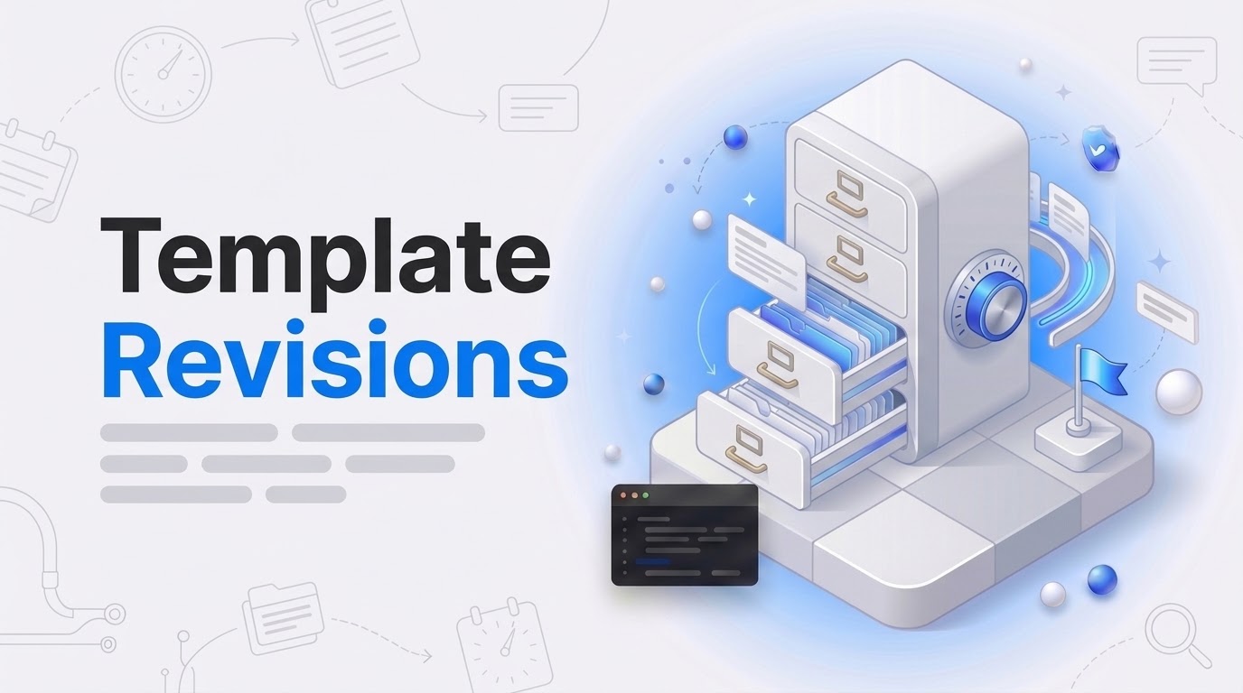 The words Template Revisions beside an isometric archive cabinet with open drawer and stacked page copies.