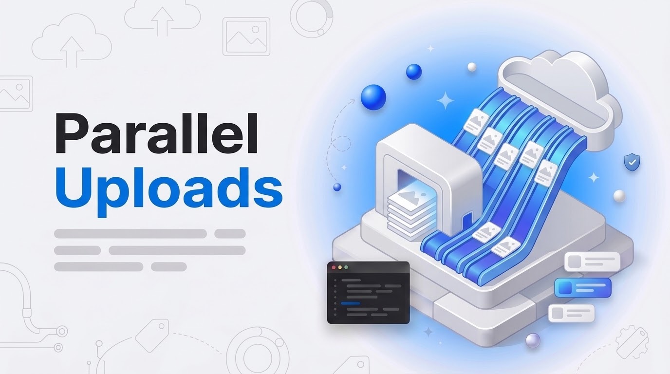 Big text reads Parallel Uploads beside an isometric machine fanning picture tiles up parallel ramps to a cloud.