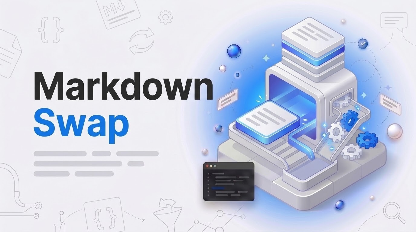 Big bold words 'Markdown Swap' beside an isometric platform where a new block slides into an empty slot.