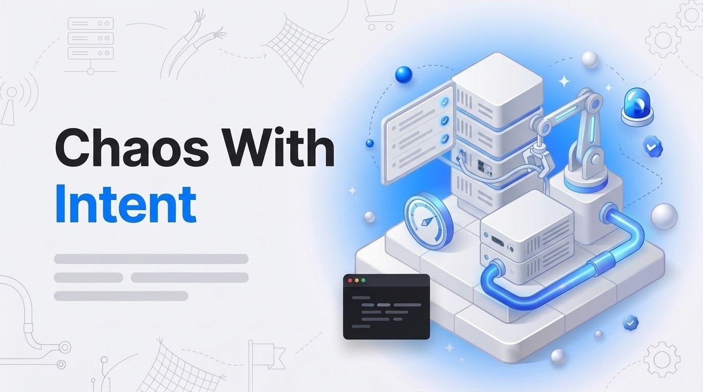 Chaos With Intent text beside an isometric rig where a crane unplugs a server cable while a blue backup line lights up.