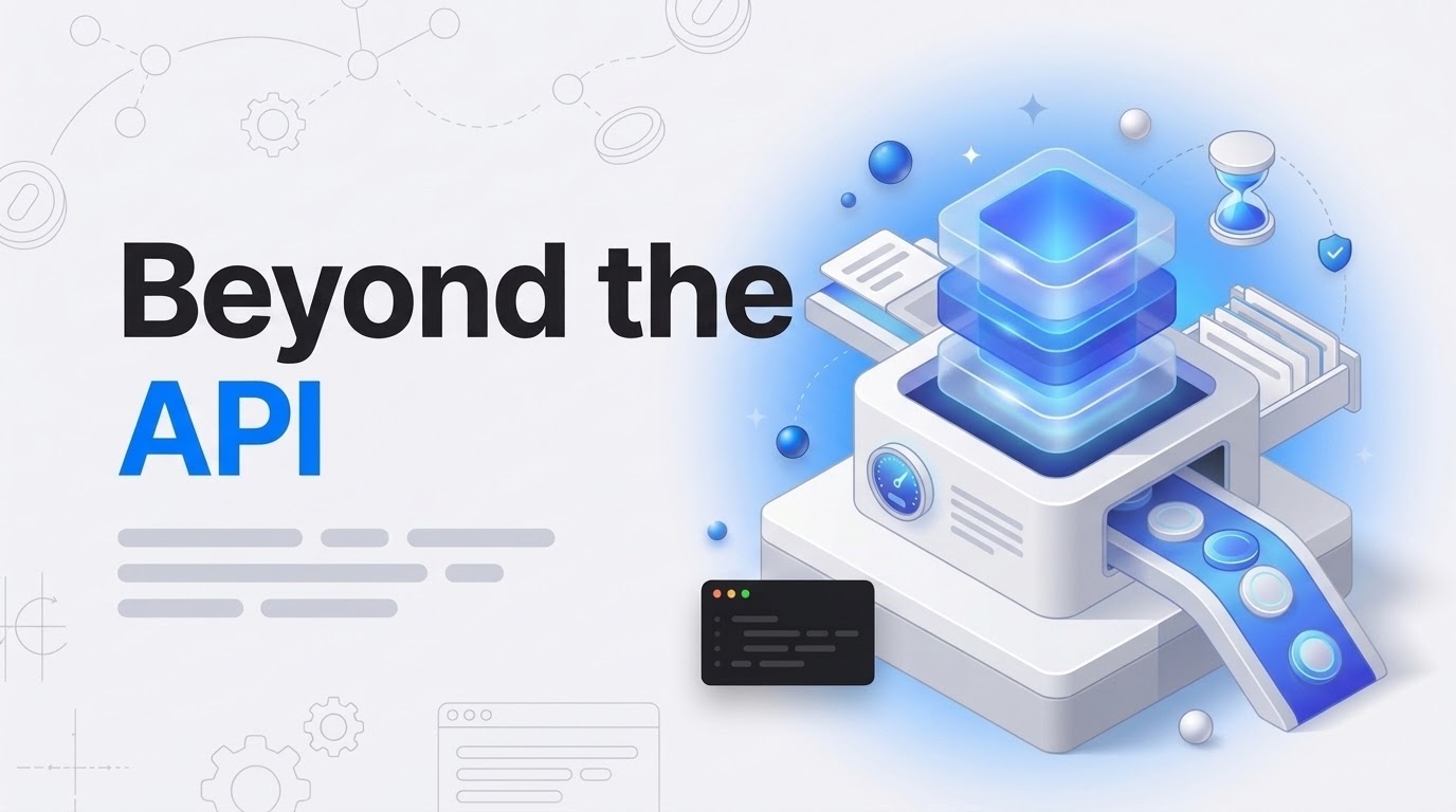 The words Beyond the API beside an isometric layered engine turning document cards into answer chips on a server block.
