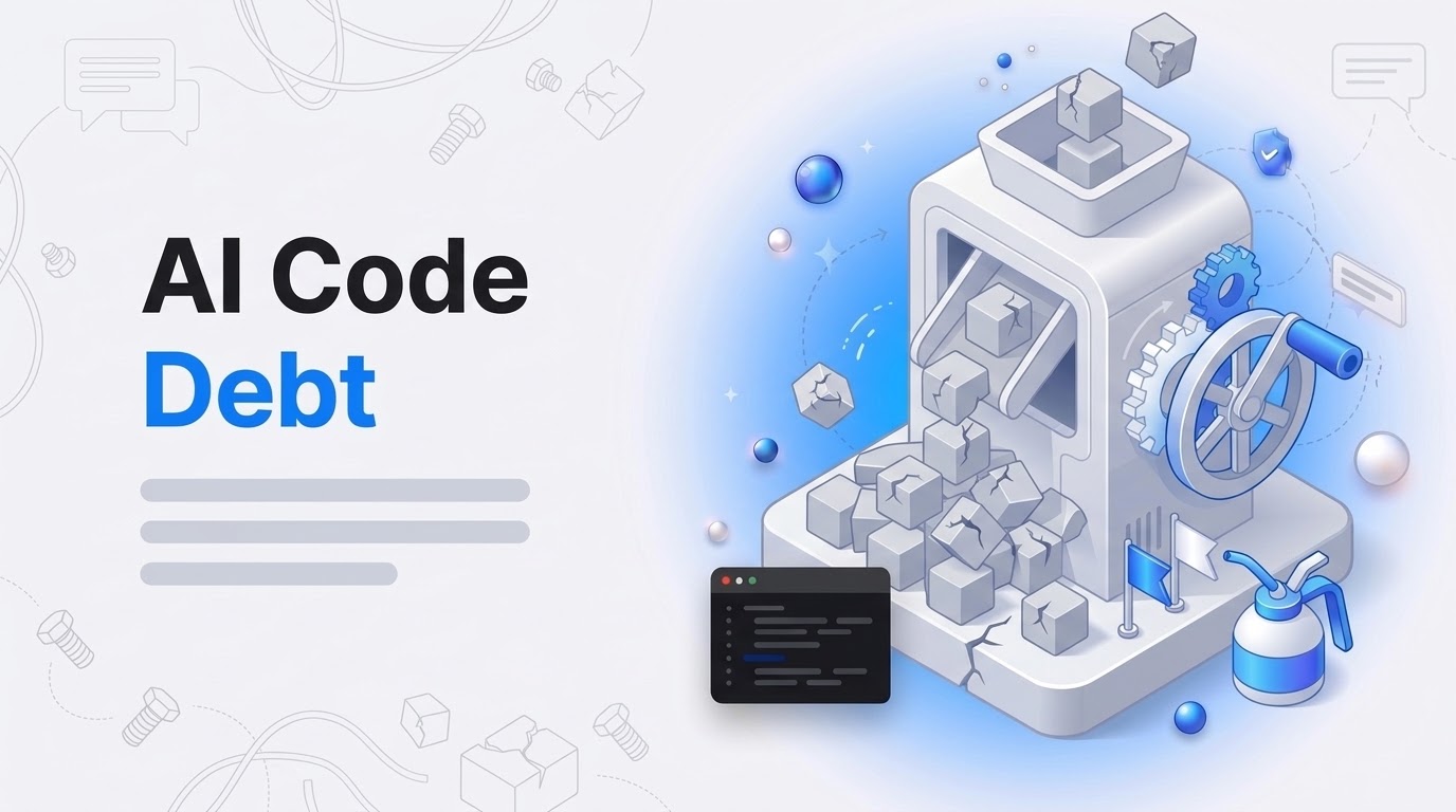 Big bold text AI Code Debt beside an isometric lever machine dropping cracked gray blocks into a messy pile.