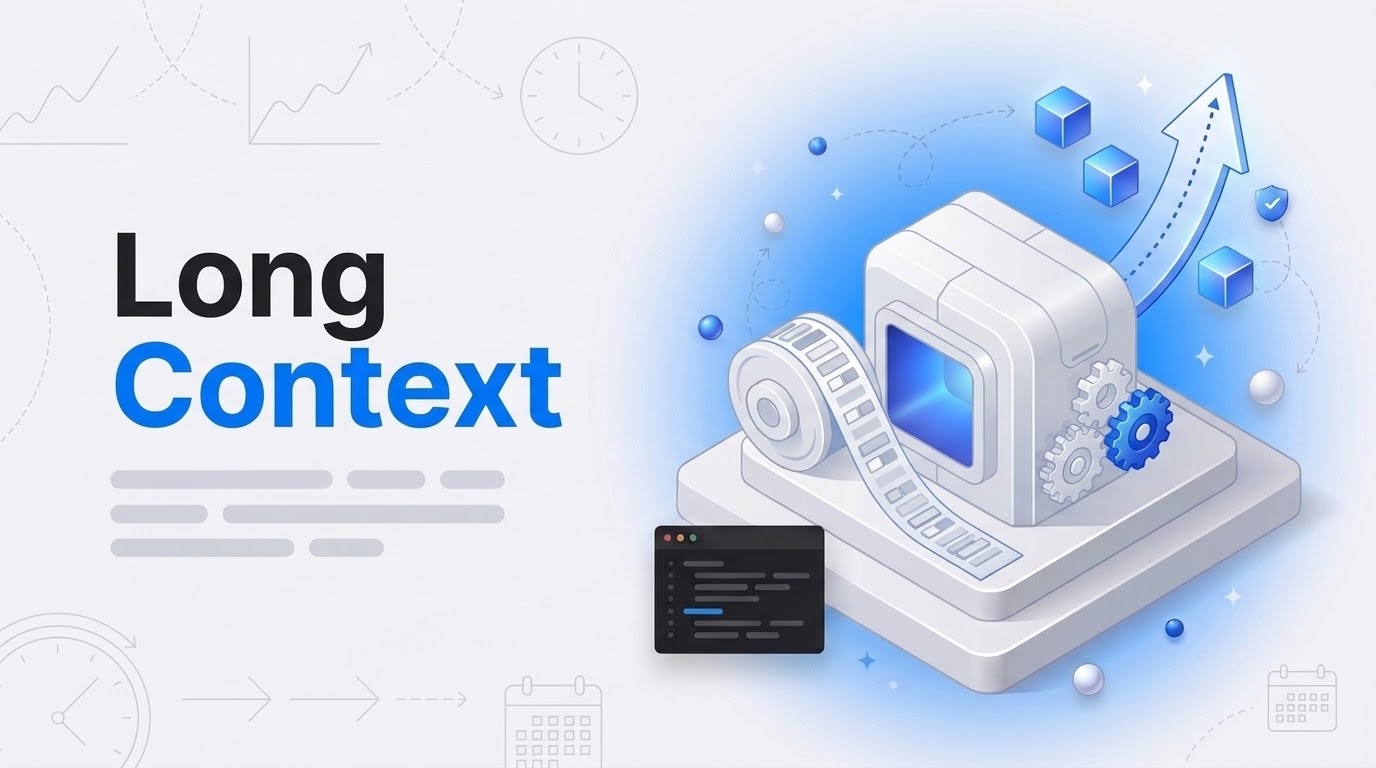 Isometric ticker tape feeding a decoder block that outputs a rising forecast arrow, with Long Context in bold text.