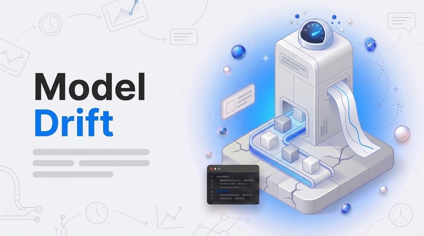 Isometric model machine on a cracked plinth as data cubes slide past, with the words Model Drift on the left.