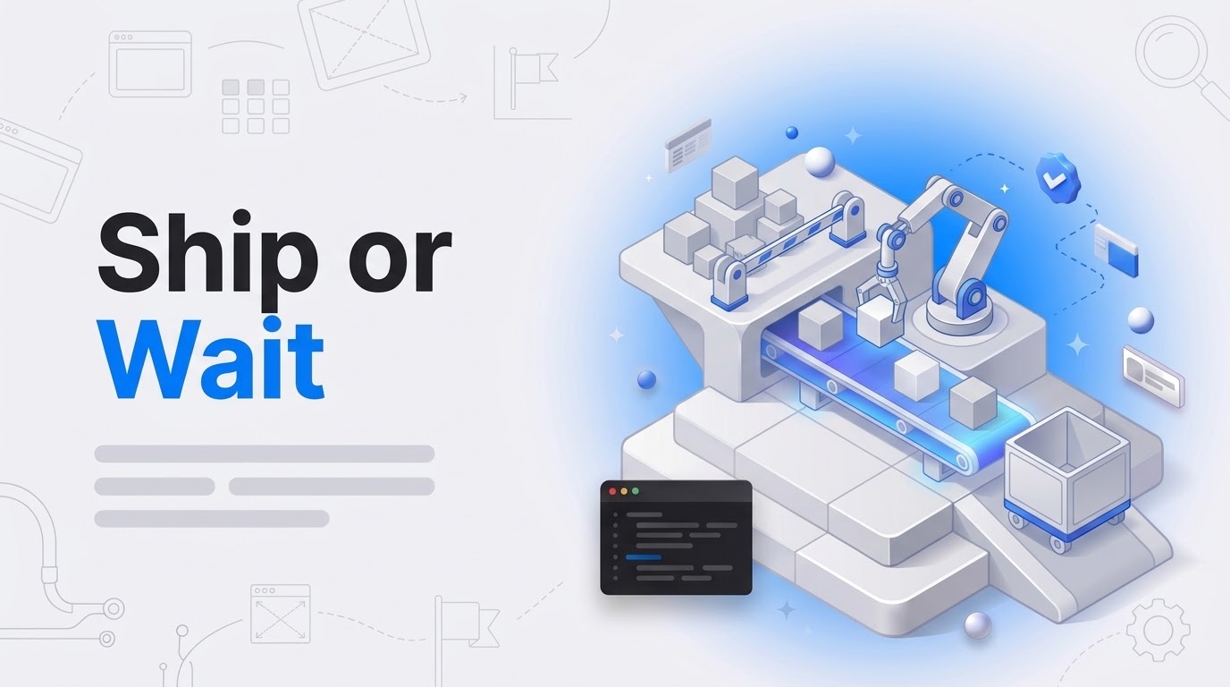 Large text reads Ship or Wait beside an isometric dock where white blocks move down a conveyor toward a delivery cart.