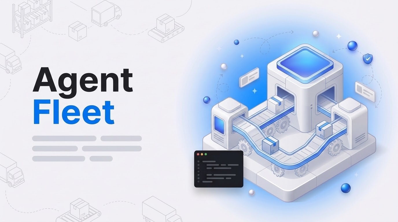 Large text Agent Fleet beside an isometric sorting machine routing packages between connected control units.