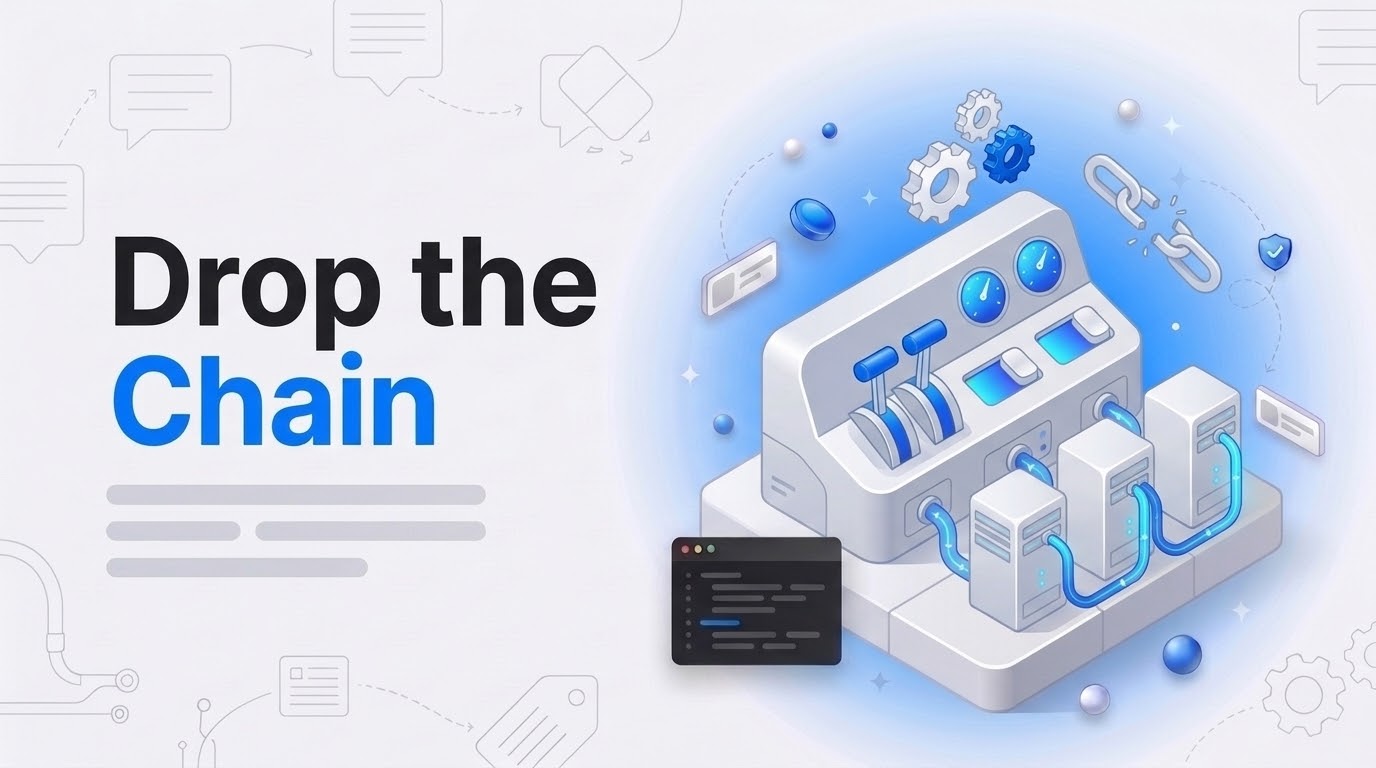 Thumbnail with the words Drop the Chain beside an isometric control console connected by cables to white server blocks.
