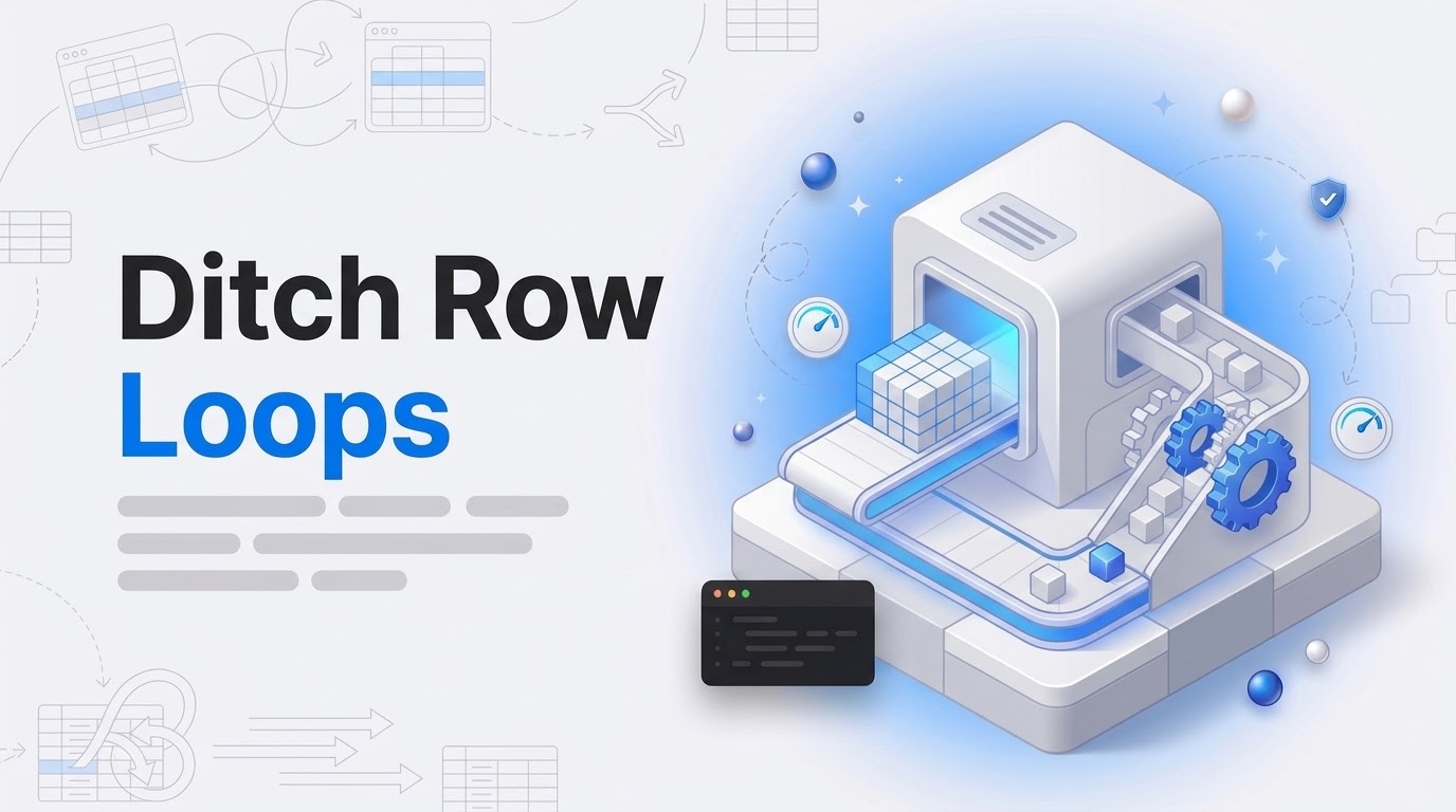 Bold text reading Ditch Row Loops next to an isometric machine pushing a whole data block through fast while cubes trickle.