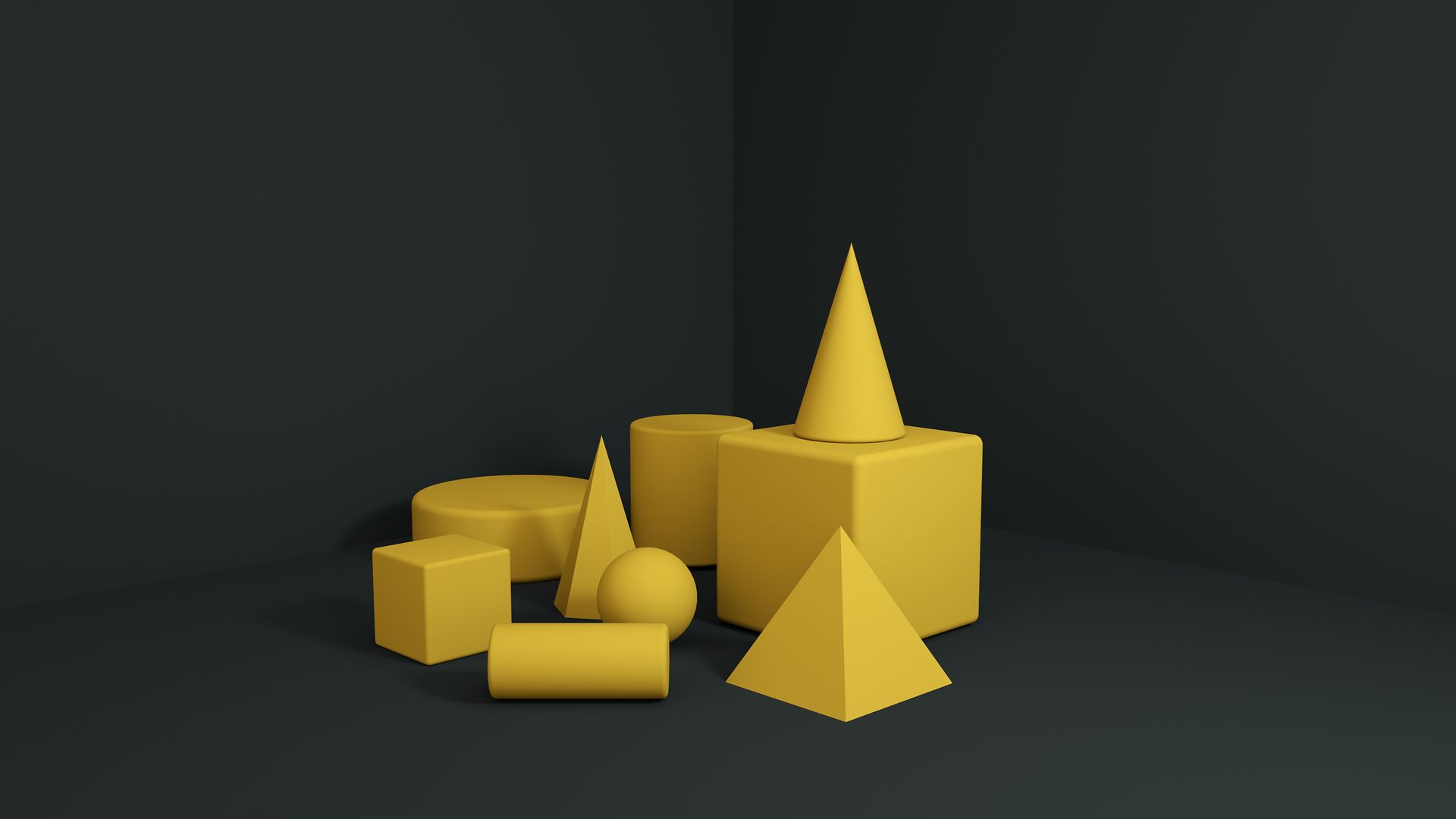 Yellow 3D-rendered geometric shapes of varying sizes arranged together, symbolizing flexible layout