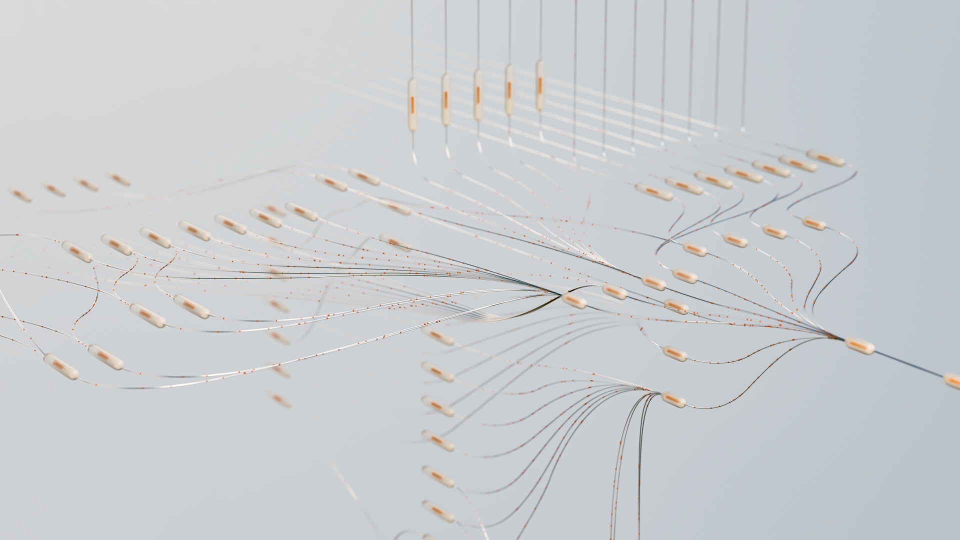 Abstract render of branching feature paths converging, illustrating Ridge vs Lasso vs ElasticNet regularization
